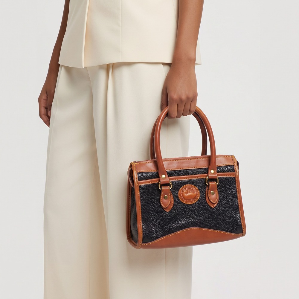 Dooney & Bourke Top Handle Satchel Bag Two Tone Black Tan Leather Old Money Prep